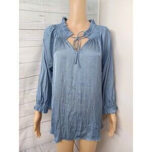 Joan Vass Top Sz L Womens Gray Blue Ruffles Long Sleeve Silky